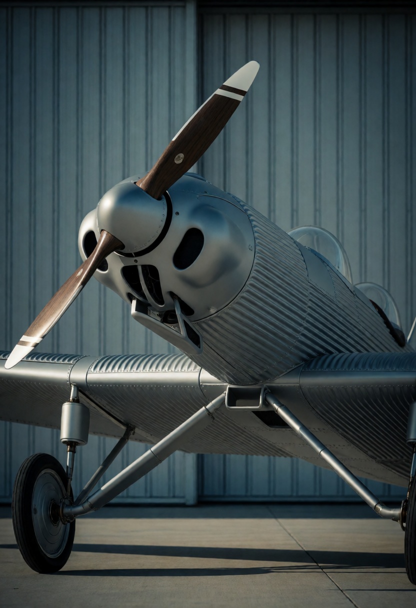 A front-facing,  low-angle medium shot captures a Junkers A50 Junior,  its iconic duralumin corrugated skin gleaming with...