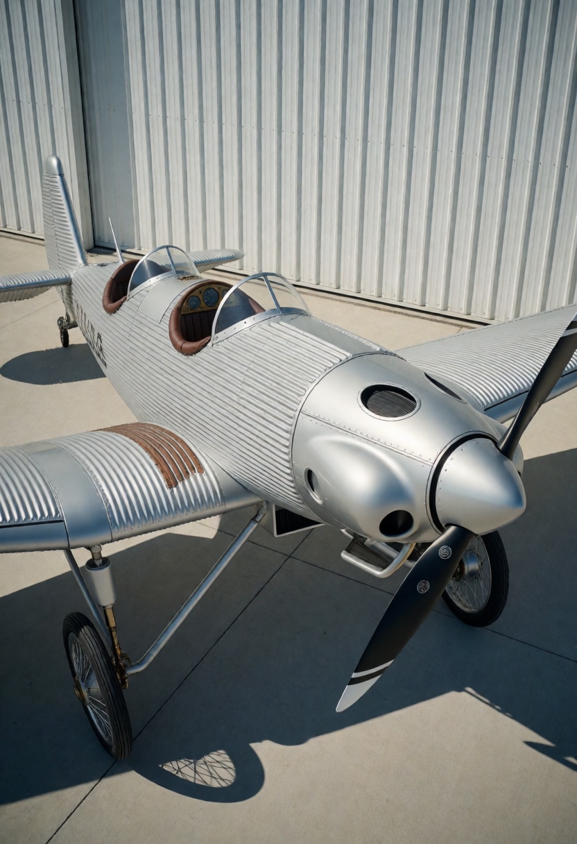A high-angle,  slightly distorted wide-lens shot captures a Junkers A50 Junior,  epitomizing a retro-futuristic dieselpunk...
