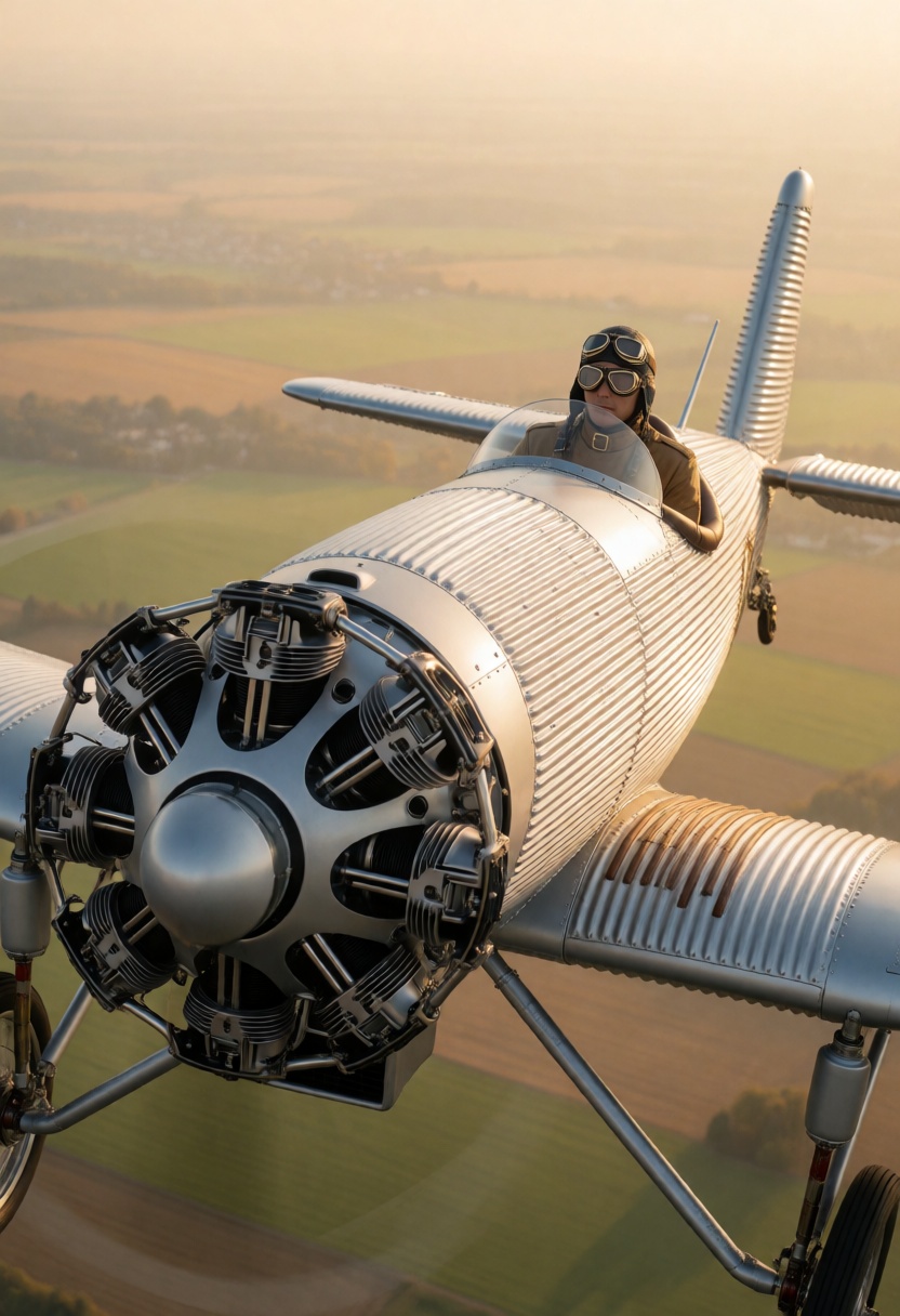 Captured from a low-angle,  three-quarter front perspective,  a Junkers A50 Junior glides majestically through a hazy gold...