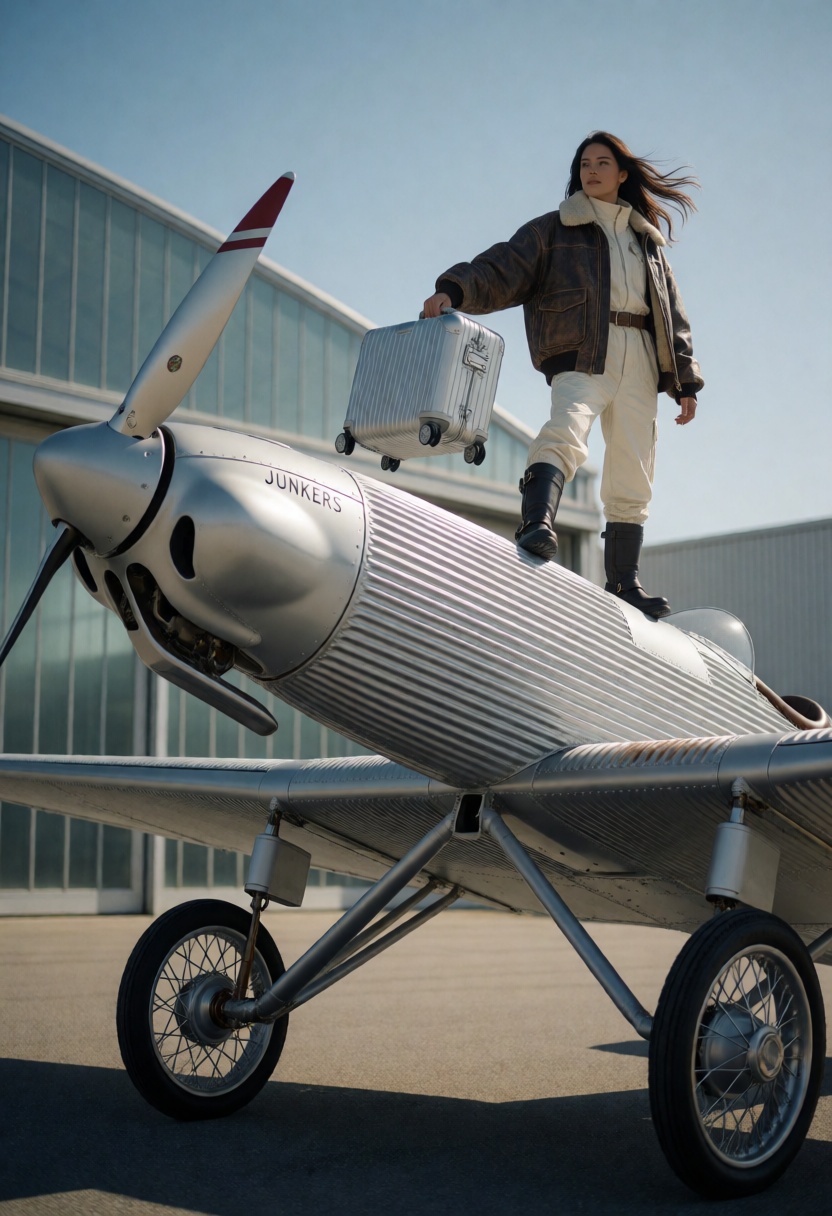 This low-angle medium shot captures a woman embodying a retro-futuristic dieselpunk aesthetic,  standing heroically atop a...