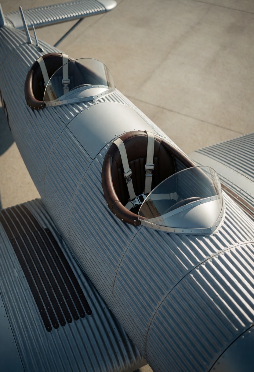 This high-angle,  close-up shot captures the fuselage of a vintage Junkers A50,  reimagined through a retro-futuristic die...