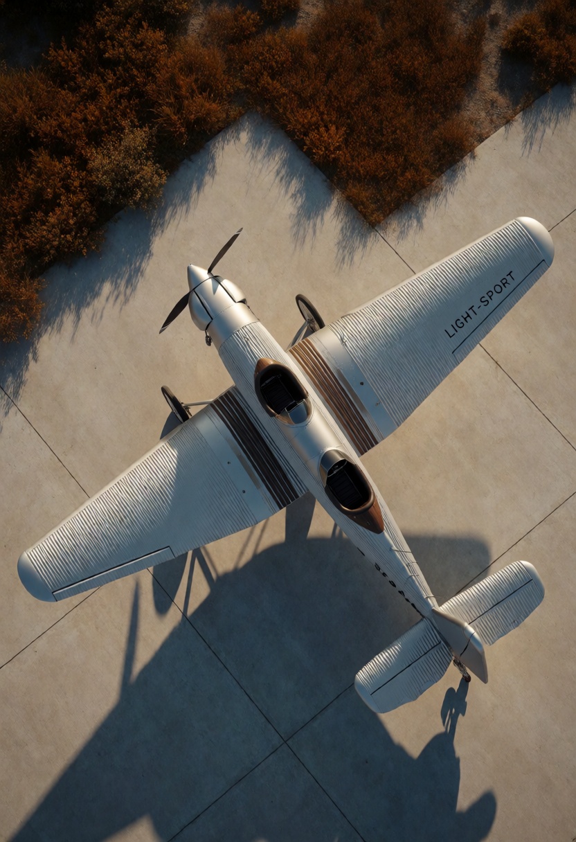 From a dramatic top-down bird's-eye perspective,  a Junkers A50 Junior sits stationed on a concrete airfield,  its form ep...