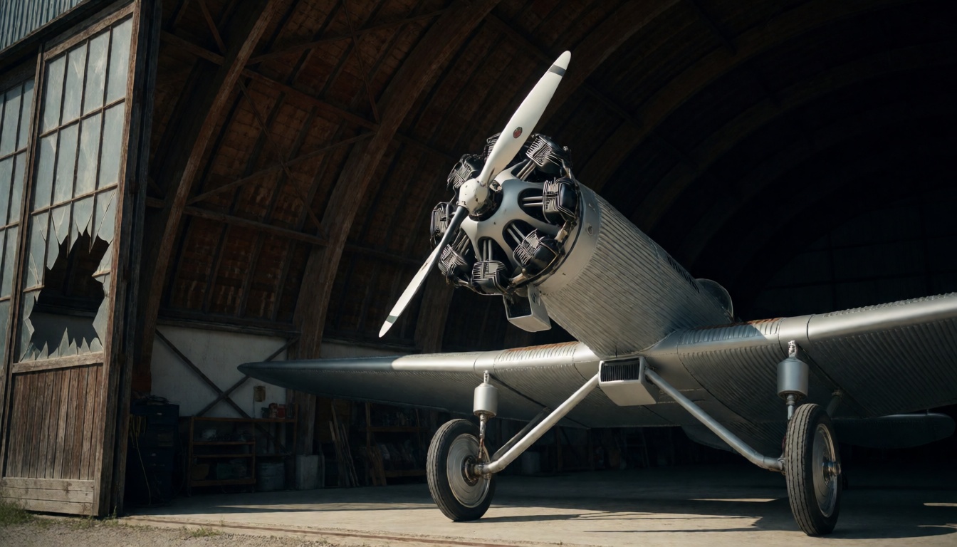 Junkers A50. Scene: An old aviation hangar with a unique curved wooden roof structure. Extreme Dutch tilt. Vehicle: A silv...