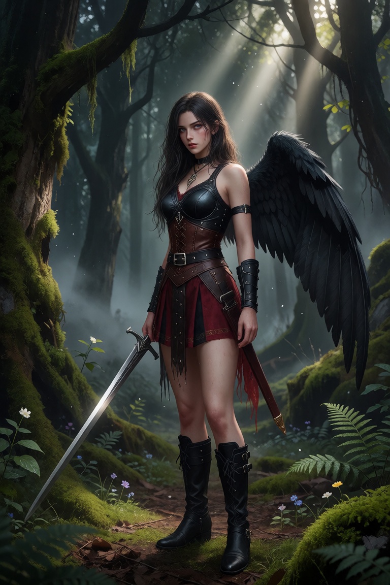 Denive in a dark forest,  one black feathered wing on her left back,  missing right wing on Tensor.Art