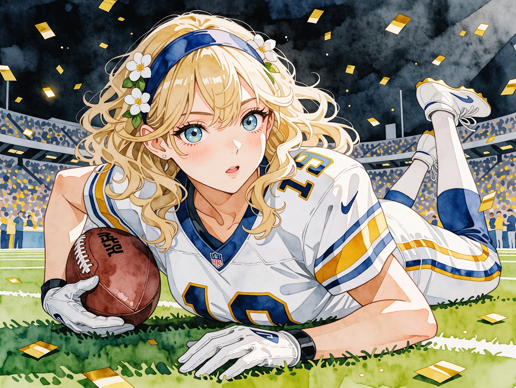 nijiwatercolor13k2e20. Watercolor anime illustration. Low-angle view of a blonde woman with long,  curly hair lying prone...