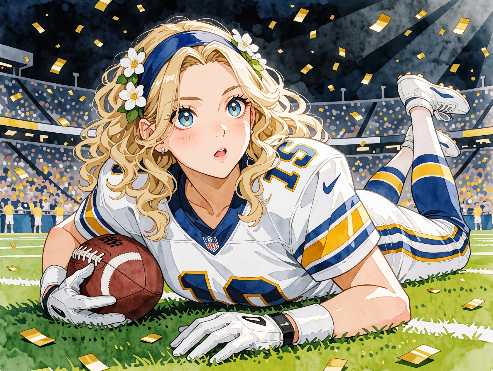 nijiwatercolor13k2e20. Low-angle view of a blonde woman with long,  curly hair lying prone on a lush green football field....