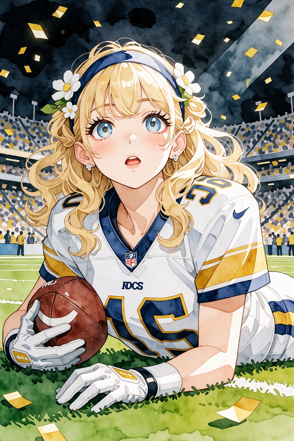 nijiwatercolor13k2e20. Watercolor anime illustration. Low-angle view of a blonde woman with long,  curly hair lying prone...