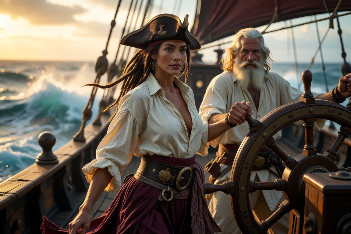 A cinematic,  wide-angle shot capturing a moment of serene triumph on the deck of a sailing vessel. **Central Figure:** A...
