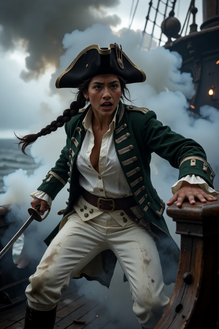 A high-action,  cinematic shot of a frantic 18-year-old naval ensign during a chaotic sea battle. She has tan skin,  expre...