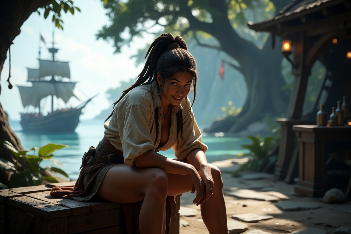 A detailed fantasy photo,  dappled cinematic lighting filtering through,  casting warm light and soft volumetric shadows o...