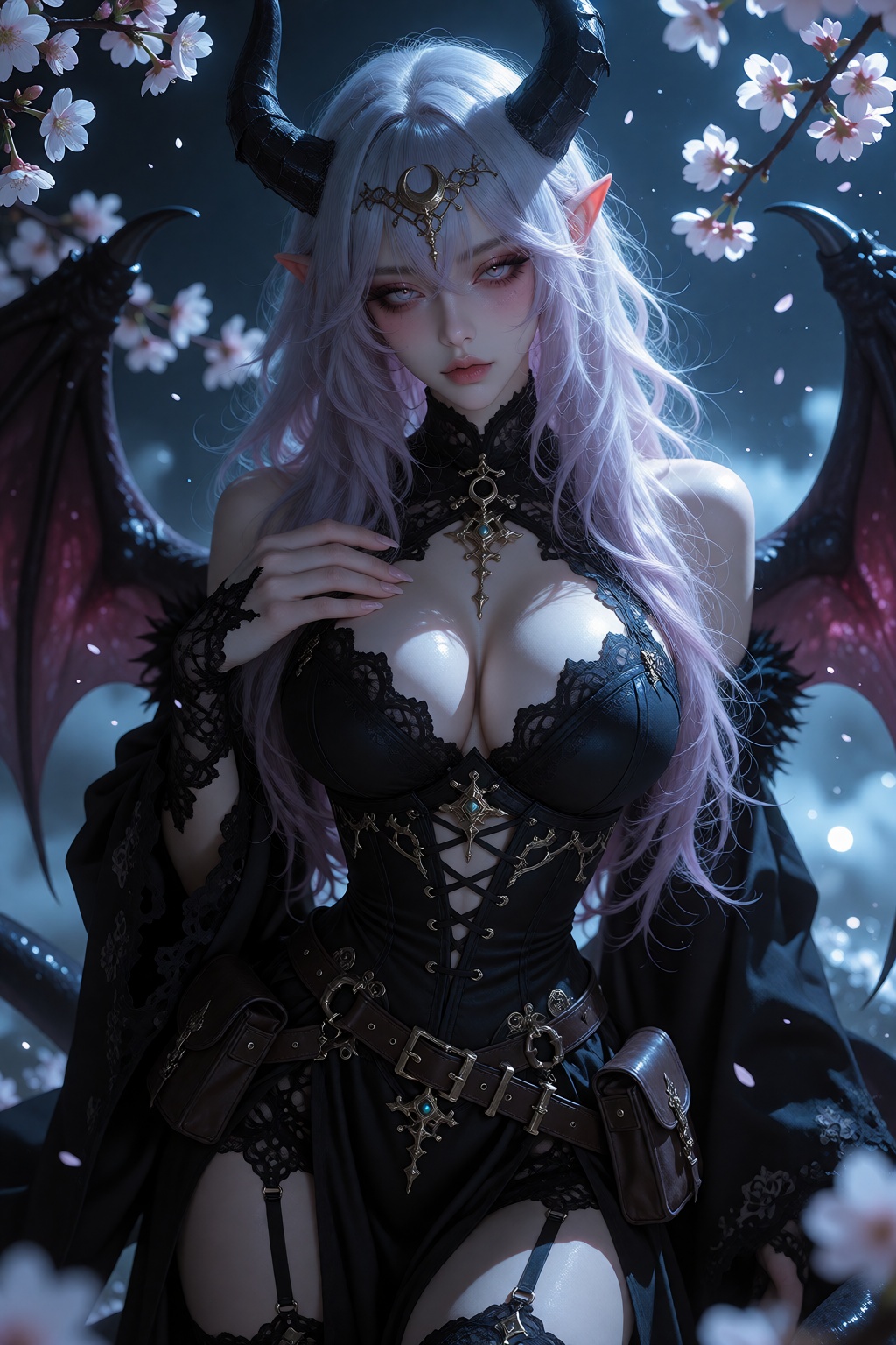 A woman is captured as a melancholic succubus with horns and wings,  posed against a backdrop of ethereal white cherry blo...