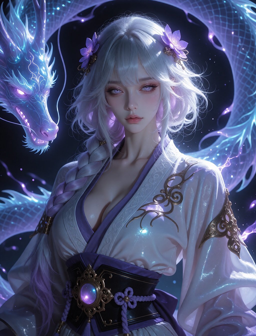 An ethereal,  stylized portrait features a fair-skinned figure with long,  flowing white hair and soft lavender eyes on Te...