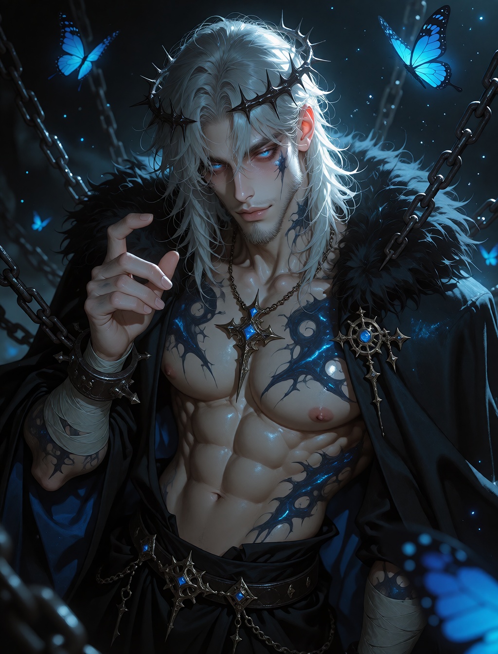 This image captures a muscular man with huge pectorals and puffy nipples,  viewed in a dark fantasy setting. He has light...