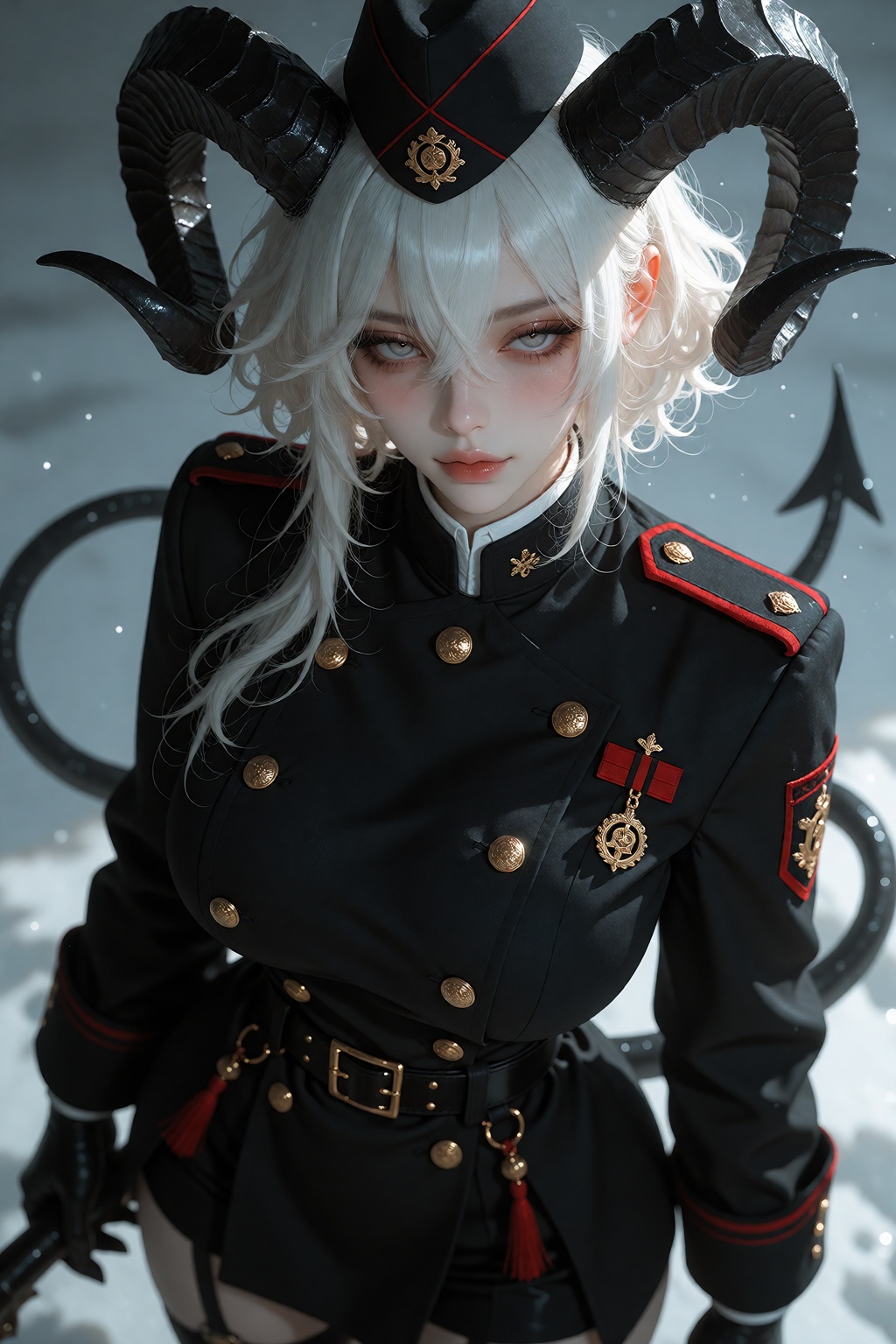 This image captures a curvy young woman with a smug expression,  standing confidently. She has short,  messy white hair wi...