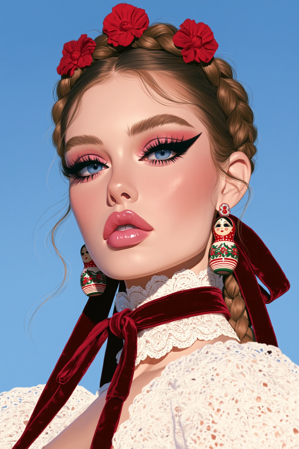 highres,  absurdres,  @BUN3N3CR0 A woman with fair skin and light brown hair styled in braids adorned with red fabric flow...