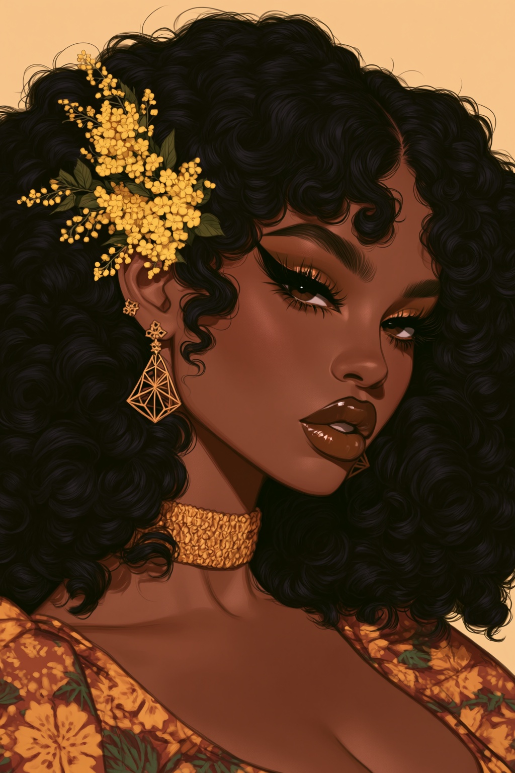 highres,  absurdres,  @BUN3N3CR0 A digitally illustrated portrait features a woman with deep dark skin and voluminous on T...