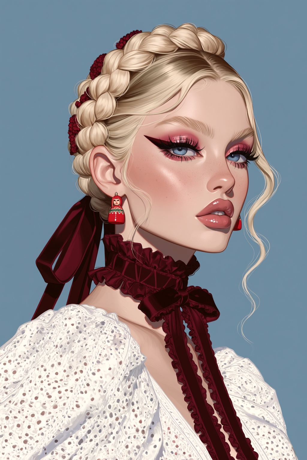 highres,  absurdres,  @BUN3N3CR0 A digital illustration depicts a woman with striking features set against a solid on Tens...