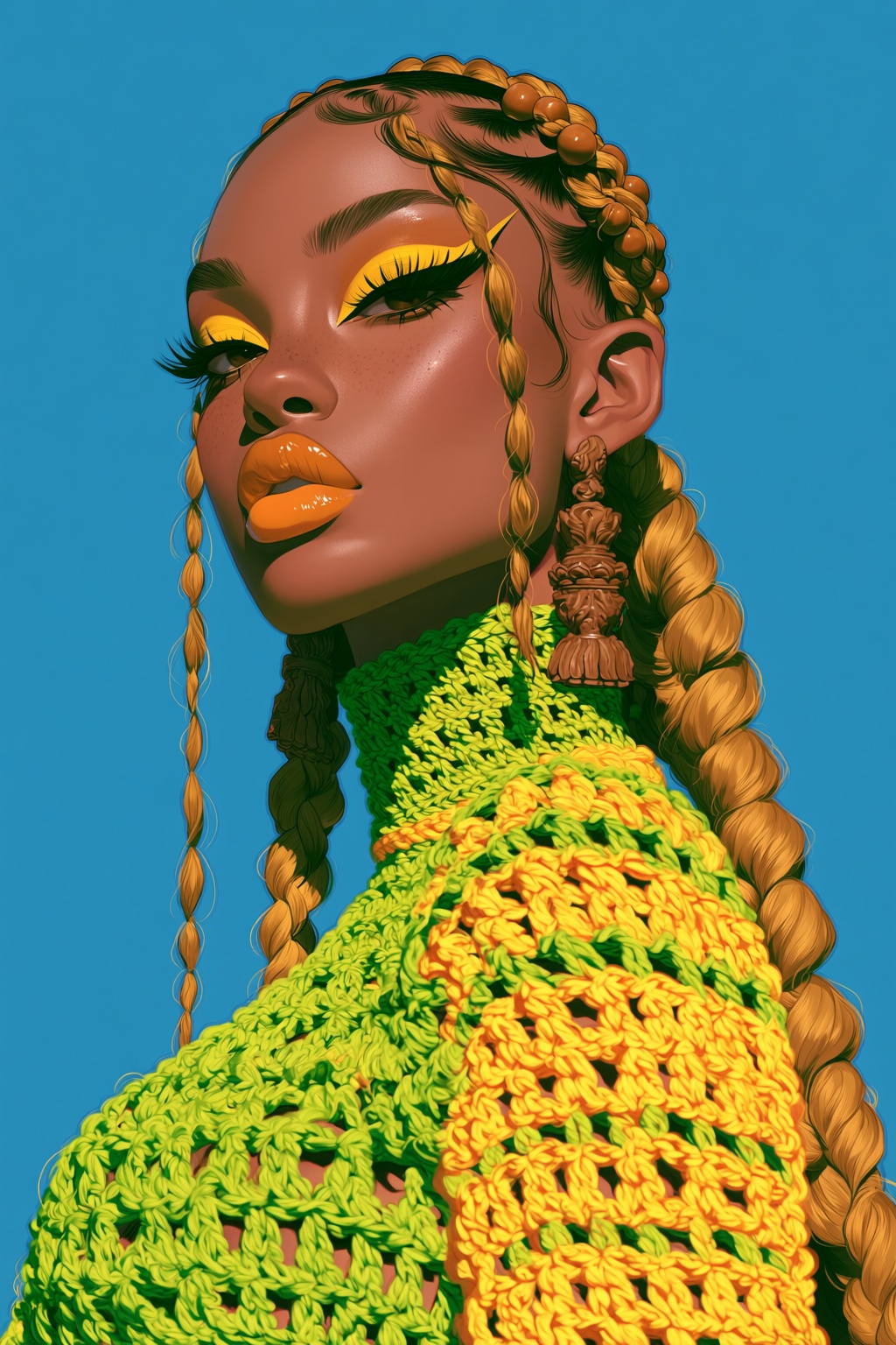 highres,  absurdres,  @BUN3N3CR0 A digital illustration depicts a woman with a stylized on Tensor.Art