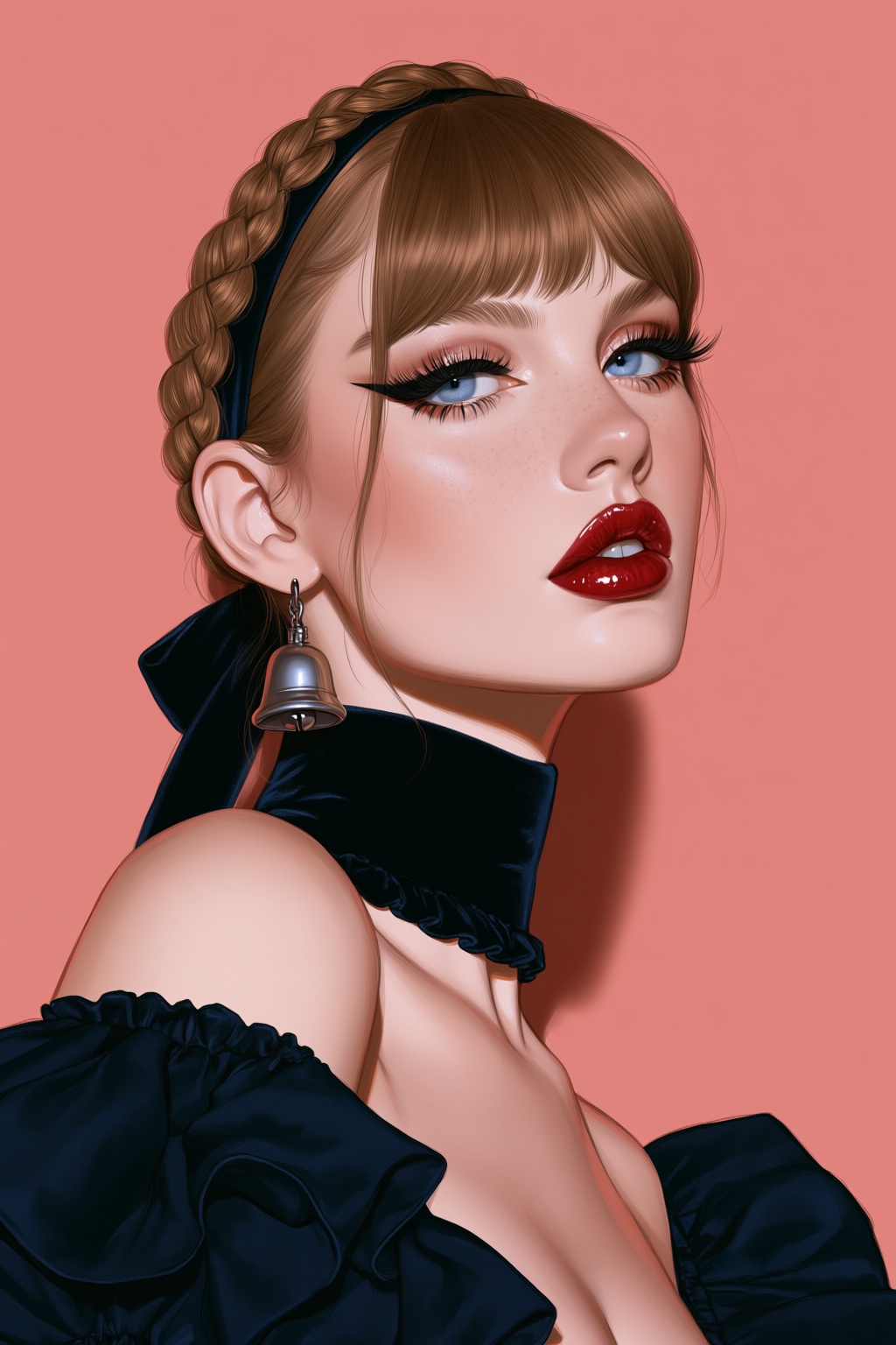 highres,  absurdres,  @BUN3N3CR0 A woman with fair skin and light brown hair styled in bangs and a braided headband gazes...