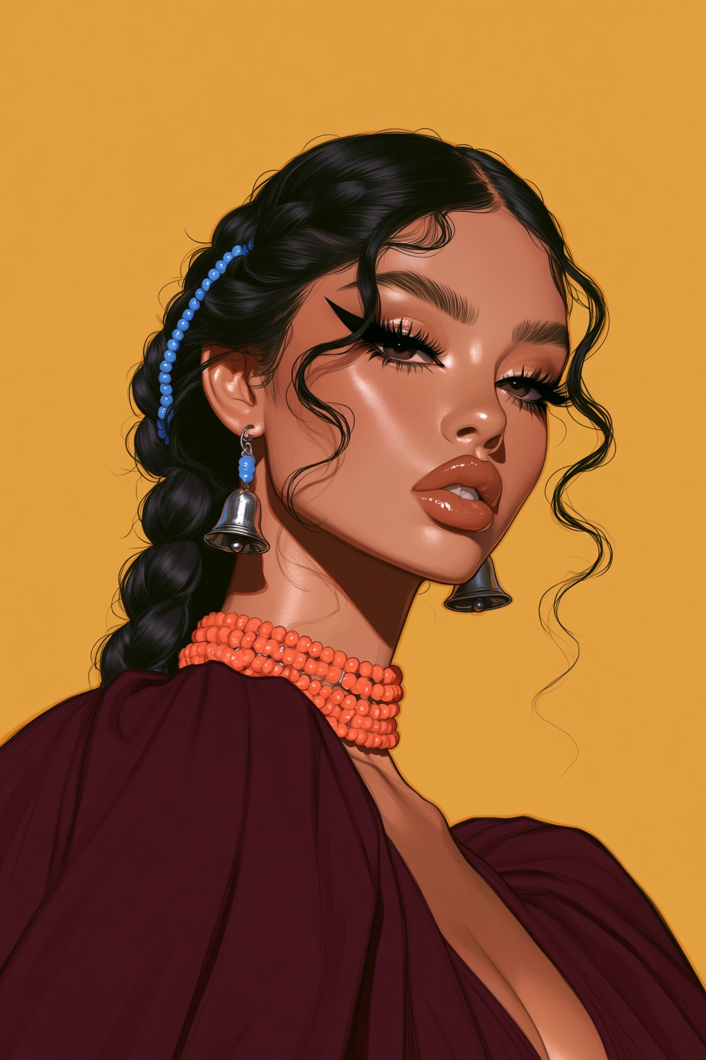 highres,  absurdres,  @BUN3N3CR0 A digital illustration depicts a portrait of a beautiful woman with a piercing gaze on Te...