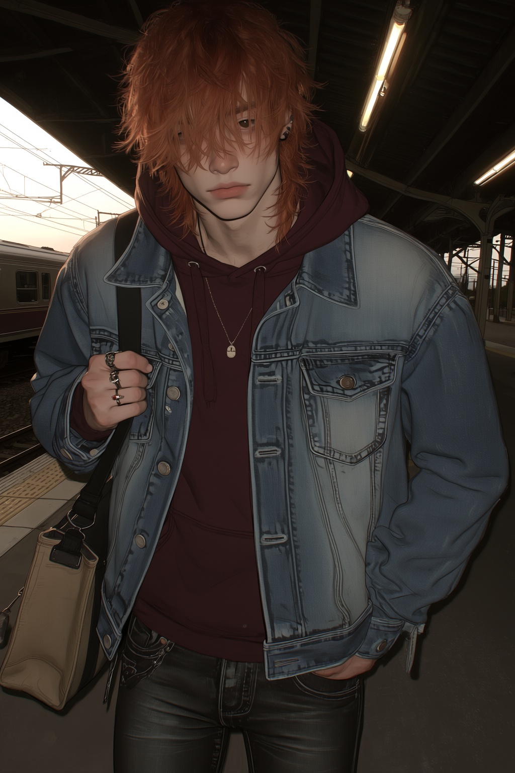 highres,  absurdres,  @4**0D4YX A young man with shaggy copper-red hair and uneven side-swept bangs stands beneath a cover...