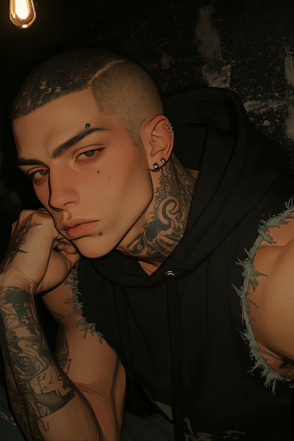 highres,  absurdres,  @4**0D4YX 8. A young man with a buzzed haircut and heavily tattooed scalp and neck leans forward on...