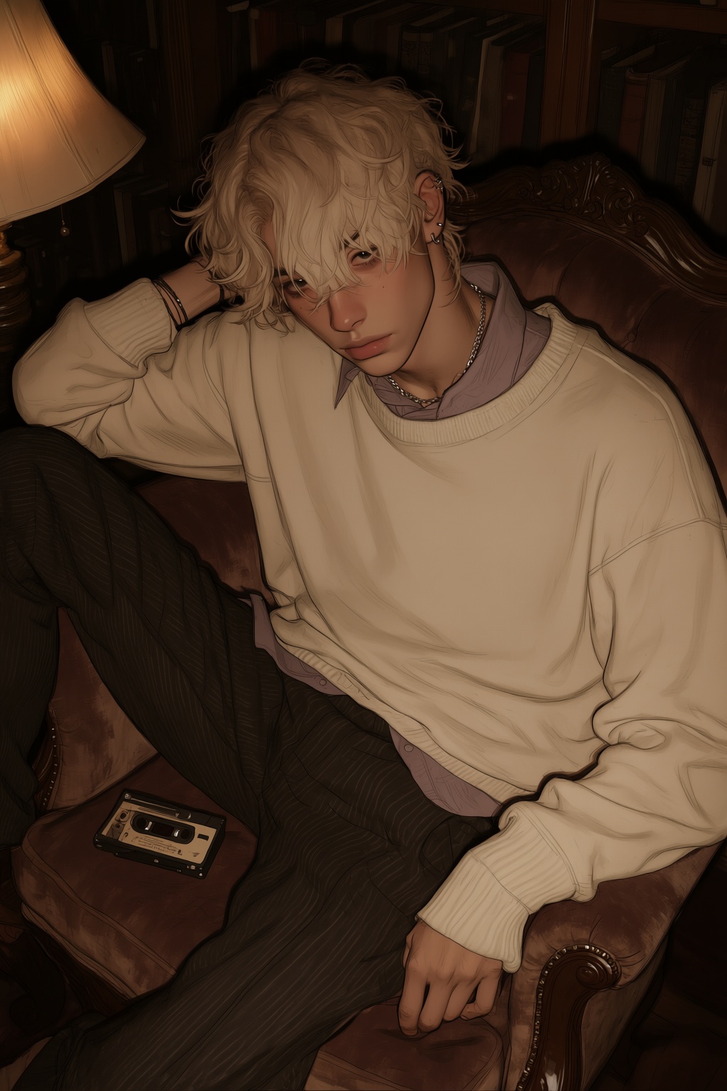 highres,  absurdres,  @4**0D4YX A young man with wavy platinum-blond hair tucked behind one ear lounges across a vintage v...