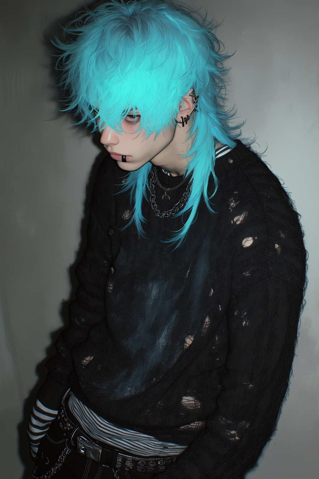 highres,  absurdres,  @4**0D4YX 20. A young man with wildly tousled cyan-blue hair stands in profile on Tensor.Art
