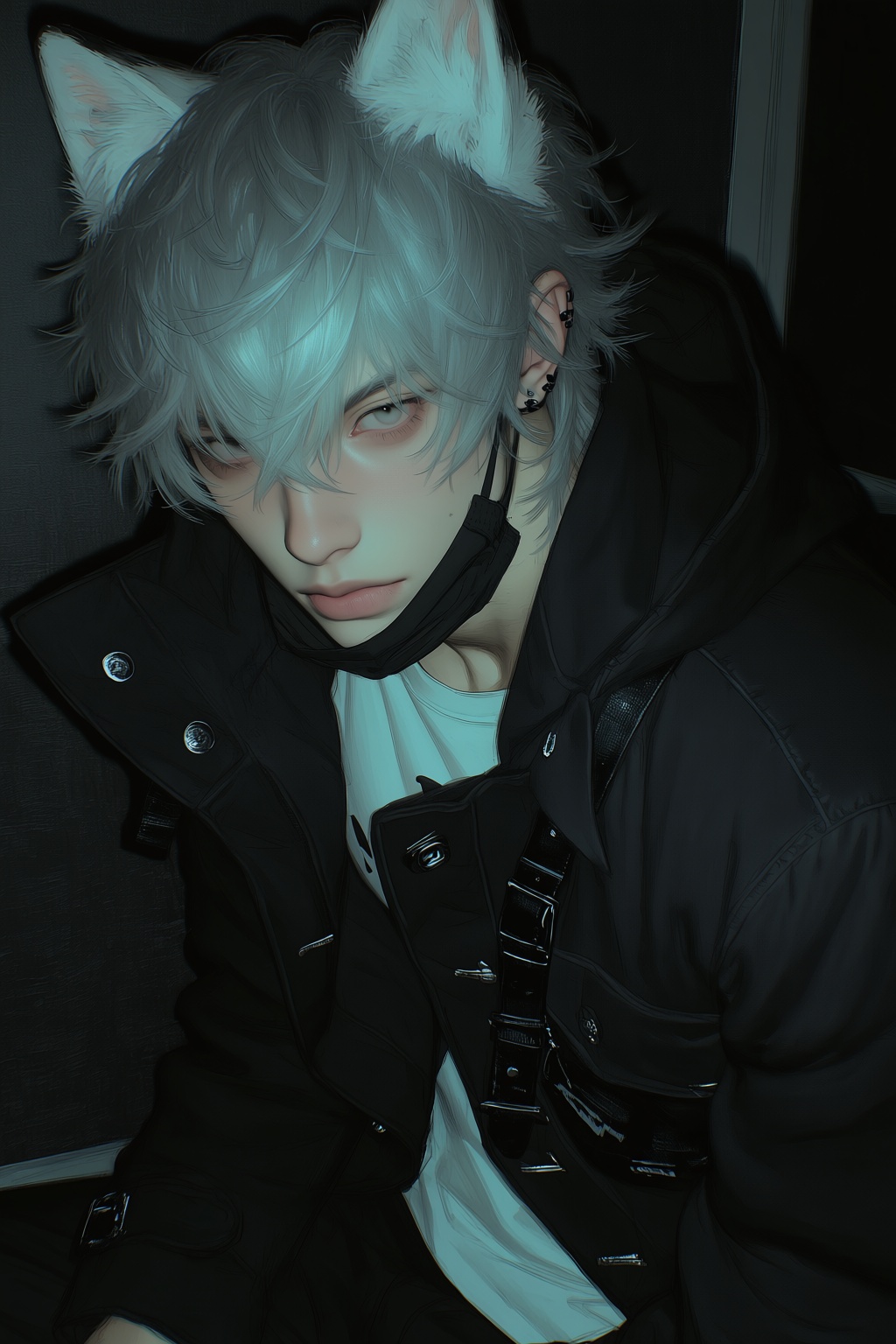 highres,  absurdres,  @4**0D4YX 10. A young man with messy silver hair and white feline ears gazes intensely forward on Te...