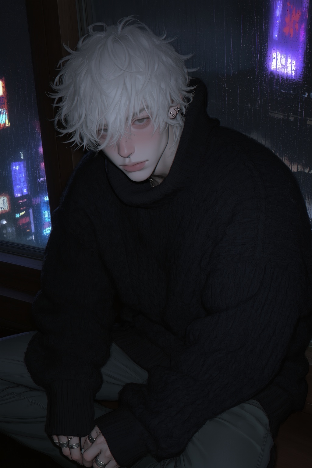 highres,  absurdres,  @4**0D4YX A soft-featured young man sits curled up on a wide on Tensor.Art