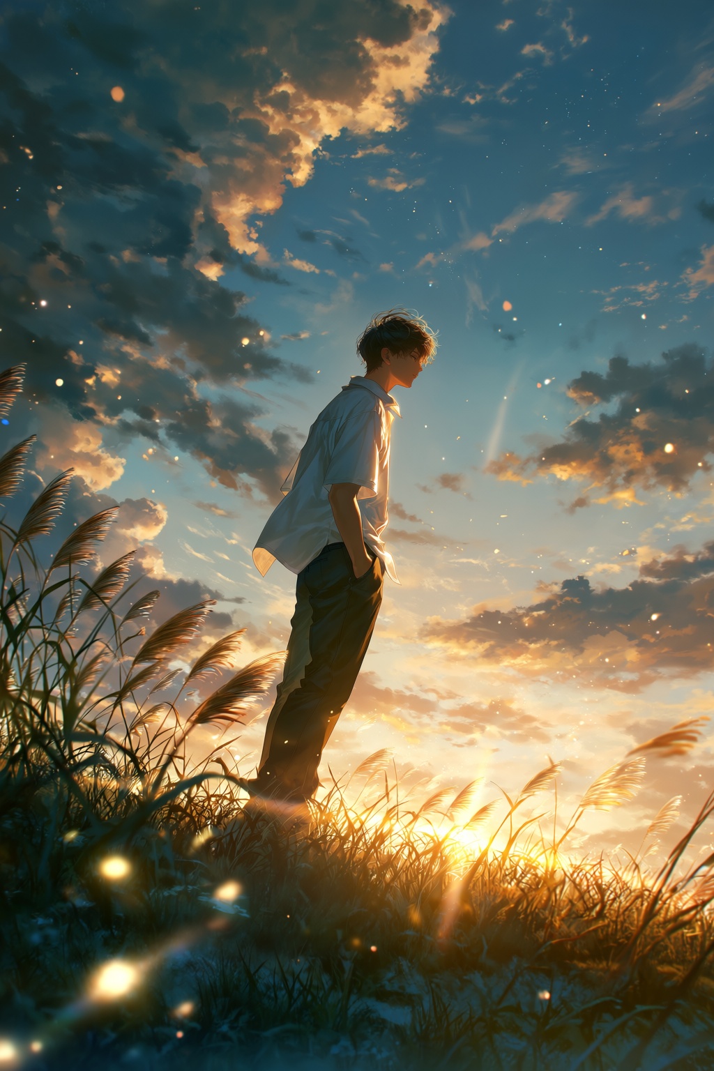 highres,  absurdres,  @H4LPH4S9 A young man with dark hair stands in profile on a grassy hillside at golden hour on Tensor...
