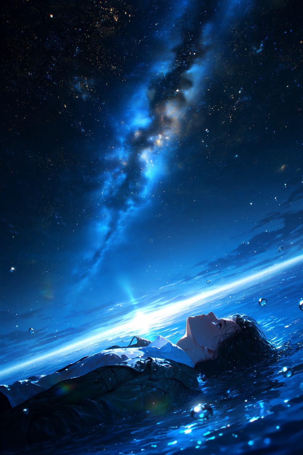 highres,  absurdres,  @H4LPH4S9 A woman floats serenely on her back in deep blue water on Tensor.Art