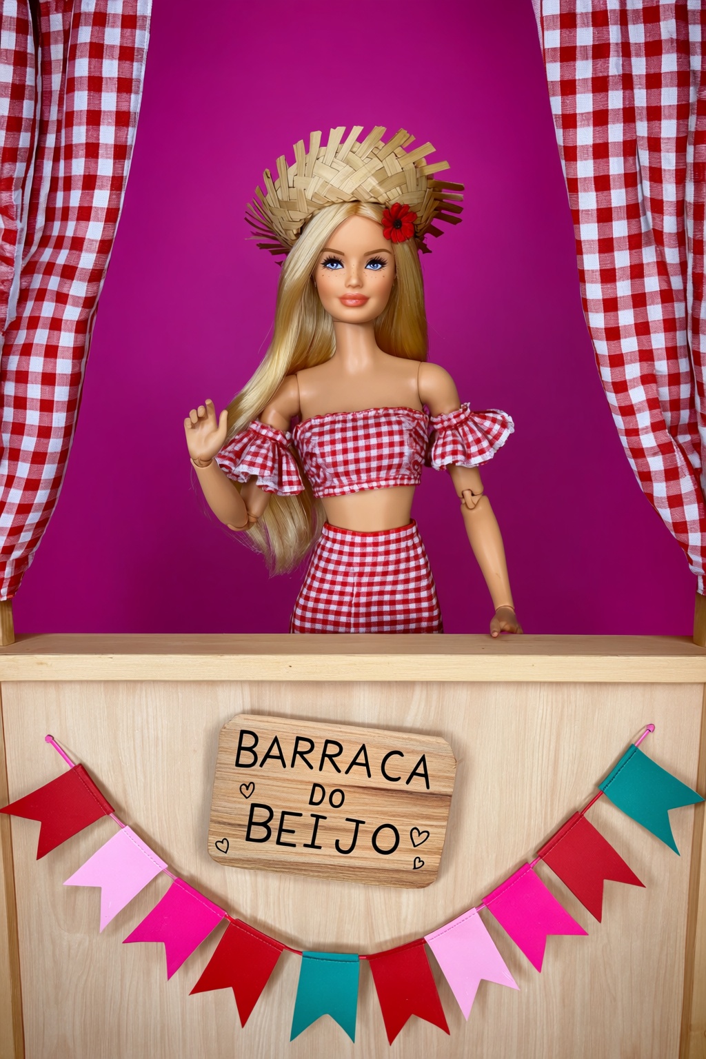 highres,  absurdres,  @R44UMX7 A blonde woman doll with blue eyes stands behind a wooden counter on Tensor.Art