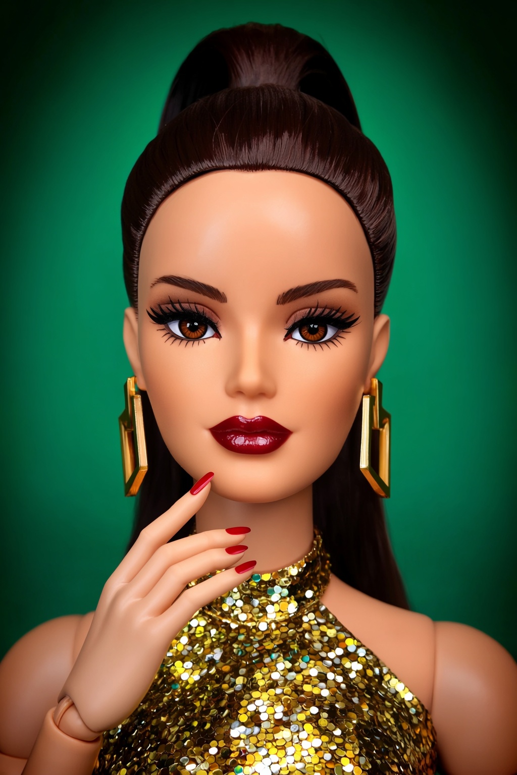 highres,  absurdres,  @R44UMX7 : A close-up portrait of a brunette woman doll with her hair styled in a sleek on Tensor.Art
