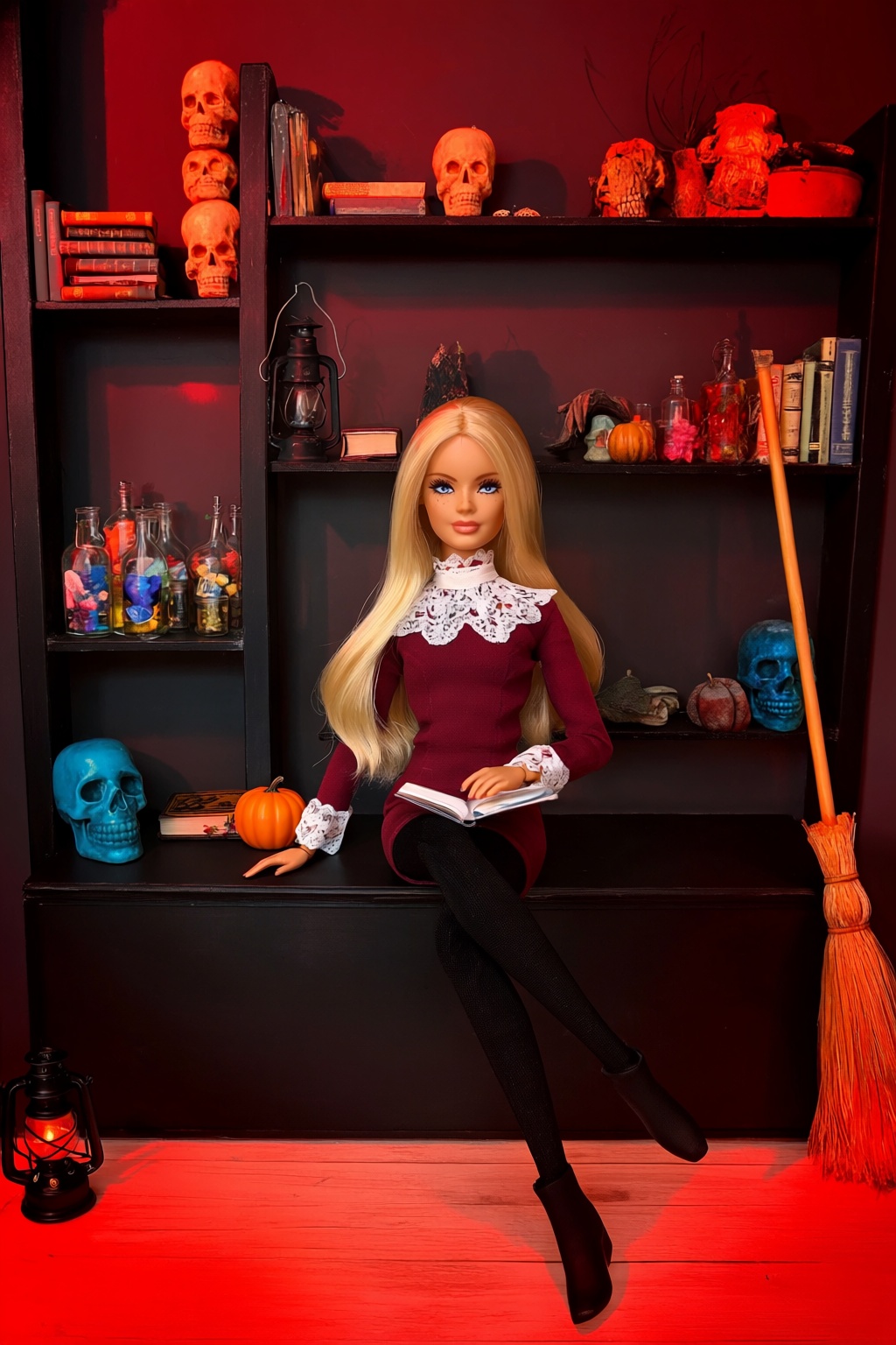 highres,  absurdres,  @R44UMX7 A blonde woman doll with blue eyes sits on a black shelf in a dimly lit on Tensor.Art