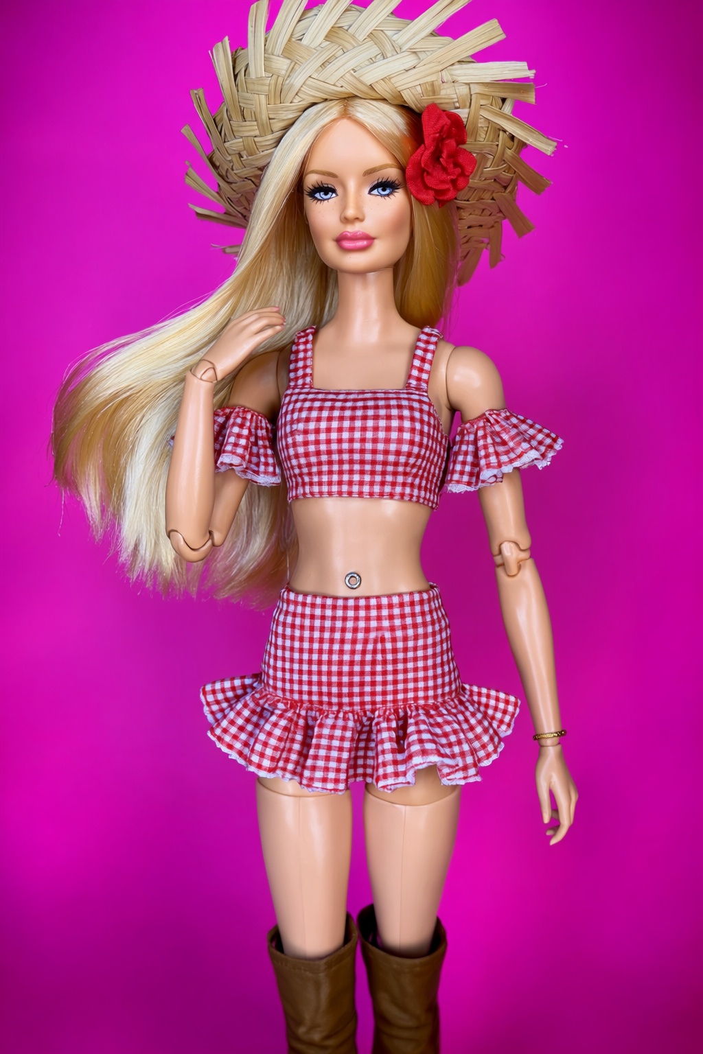 highres,  absurdres,  @R44UMX7 A blonde woman doll stands against a vibrant magenta background on Tensor.Art
