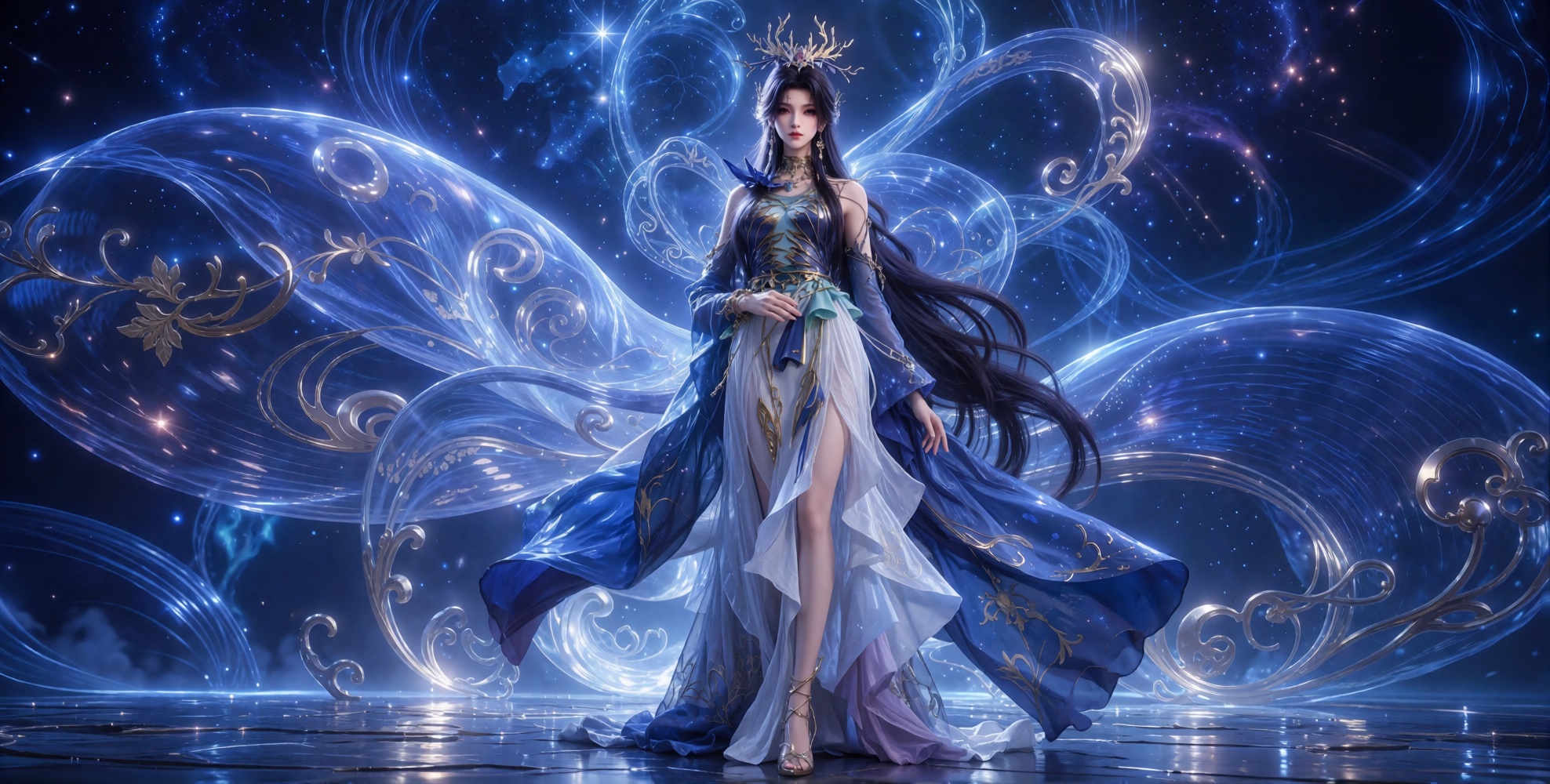 This is a stunning digital artwork of a regal,  ethereal woman standing in a cosmic,  starry background. She is adorned in...
