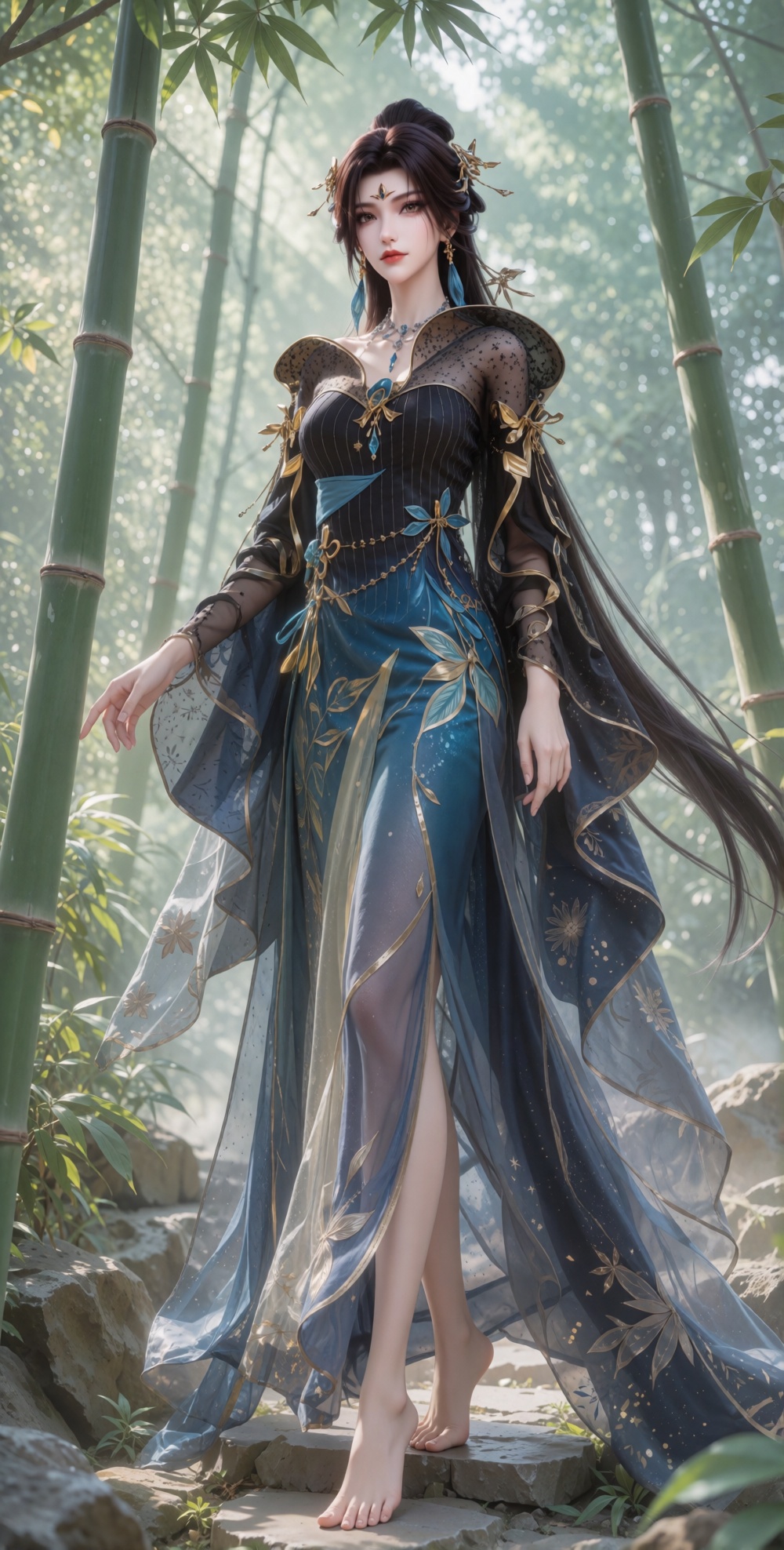 a woman dressed in a dark blue dress,  adorned with gold embroidery,  stands on a stone platform in a forest. The woman's...