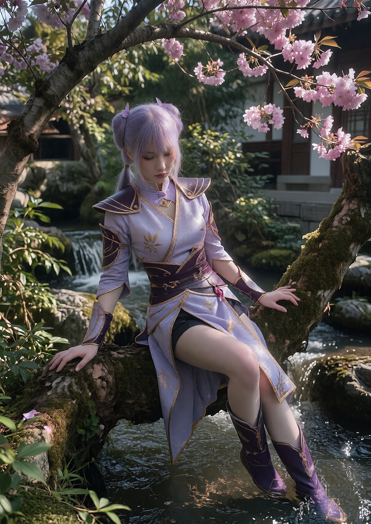 A regal queen wears light lavender and dark purple traditional fantasy warrior attire with gold floral accents,  structure...