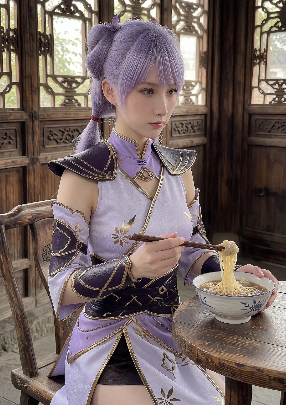A regal queen wears light lavender and dark purple sleeveless traditional fantasy warrior attire with gold floral accents,...