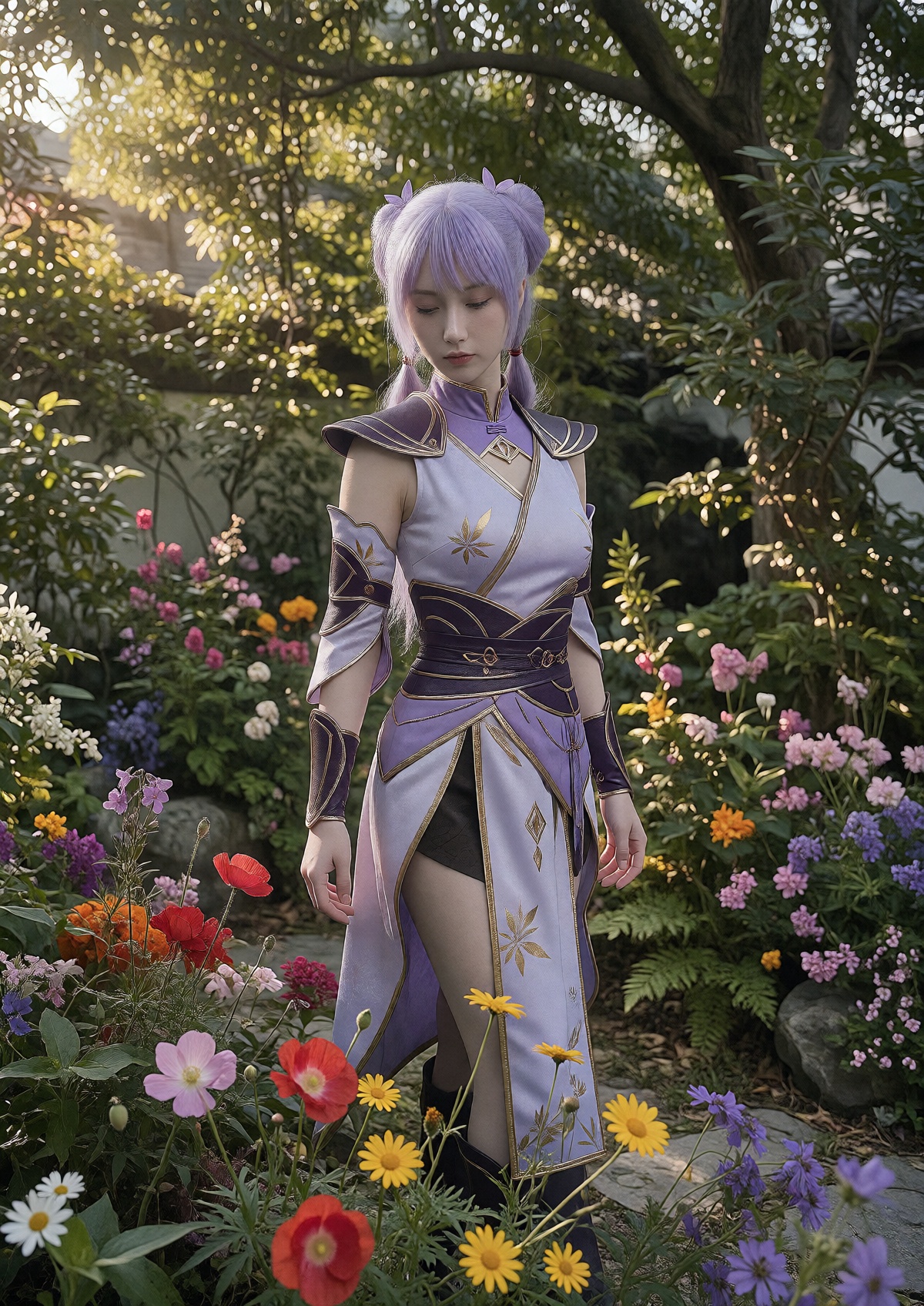 A regal queen wears light lavender and dark purple sleeveless traditional fantasy warrior attire with gold floral accents,...