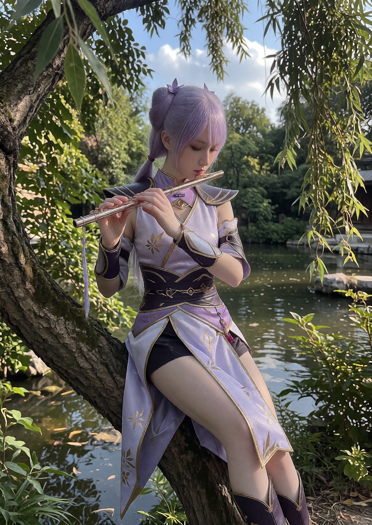 A regal queen wears light lavender and dark purple sleeveless traditional fantasy warrior attire with gold floral accents,...