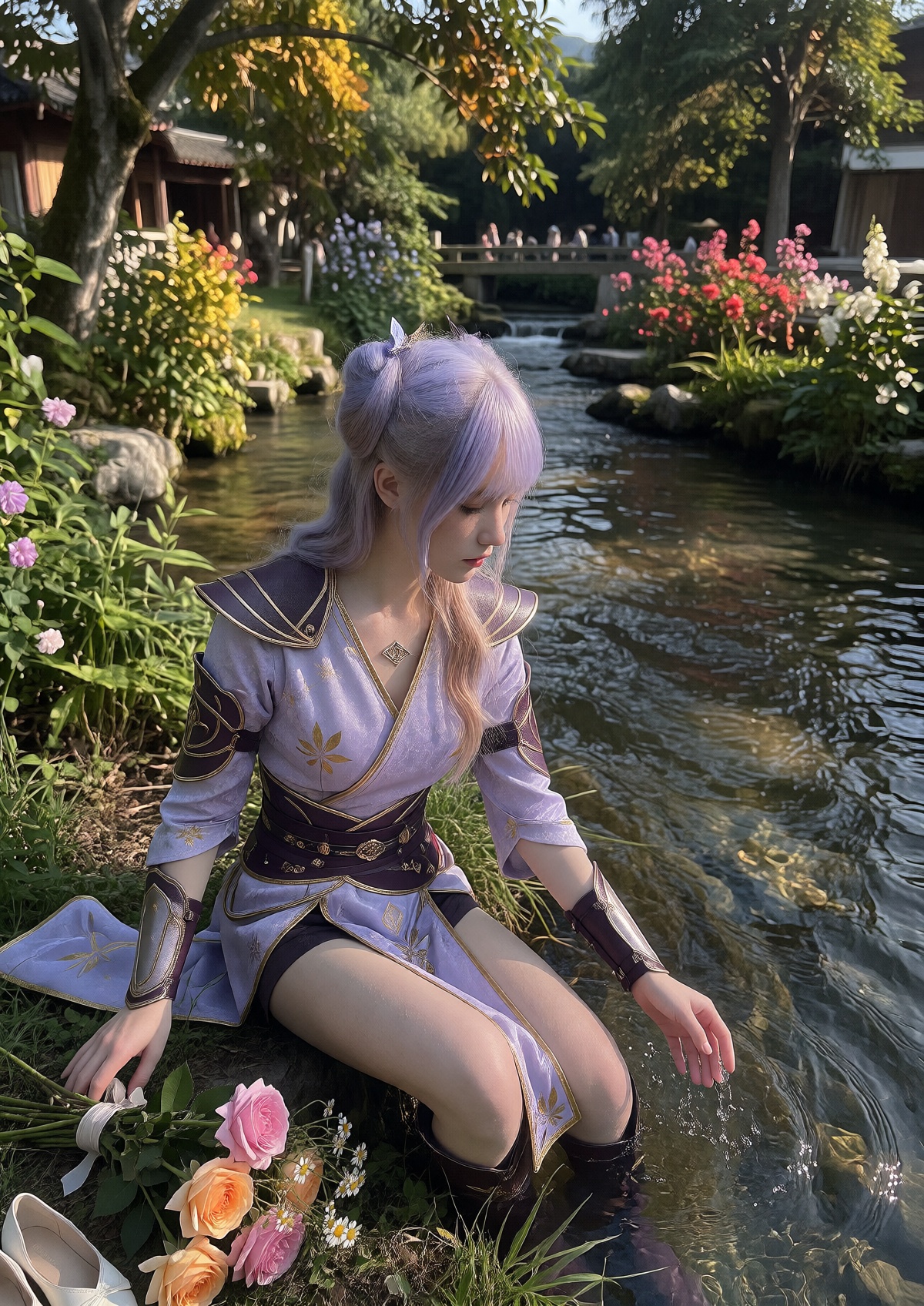 A regal queen wears light lavender and dark purple traditional fantasy warrior attire with gold floral accents,  structure...