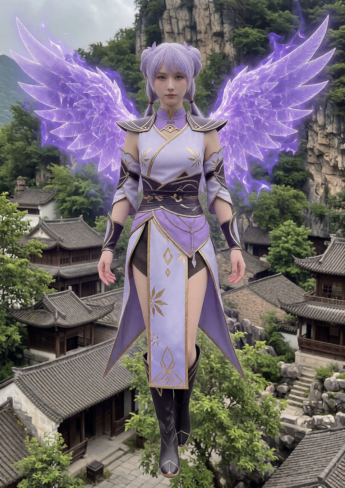 A regal queen wears light lavender and dark purple sleeveless traditional fantasy warrior attire with gold floral accents,...