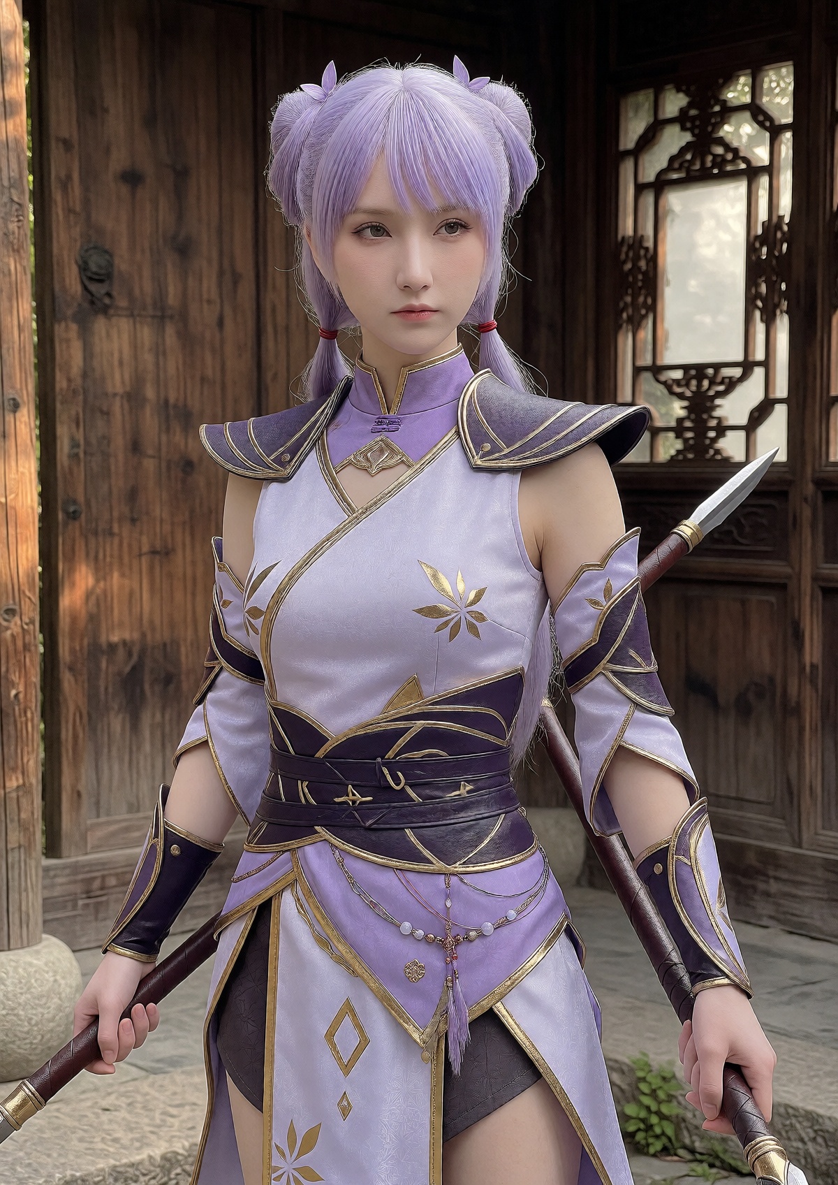A regal queen wears light lavender and dark purple sleeveless traditional fantasy warrior attire with gold floral accents,...