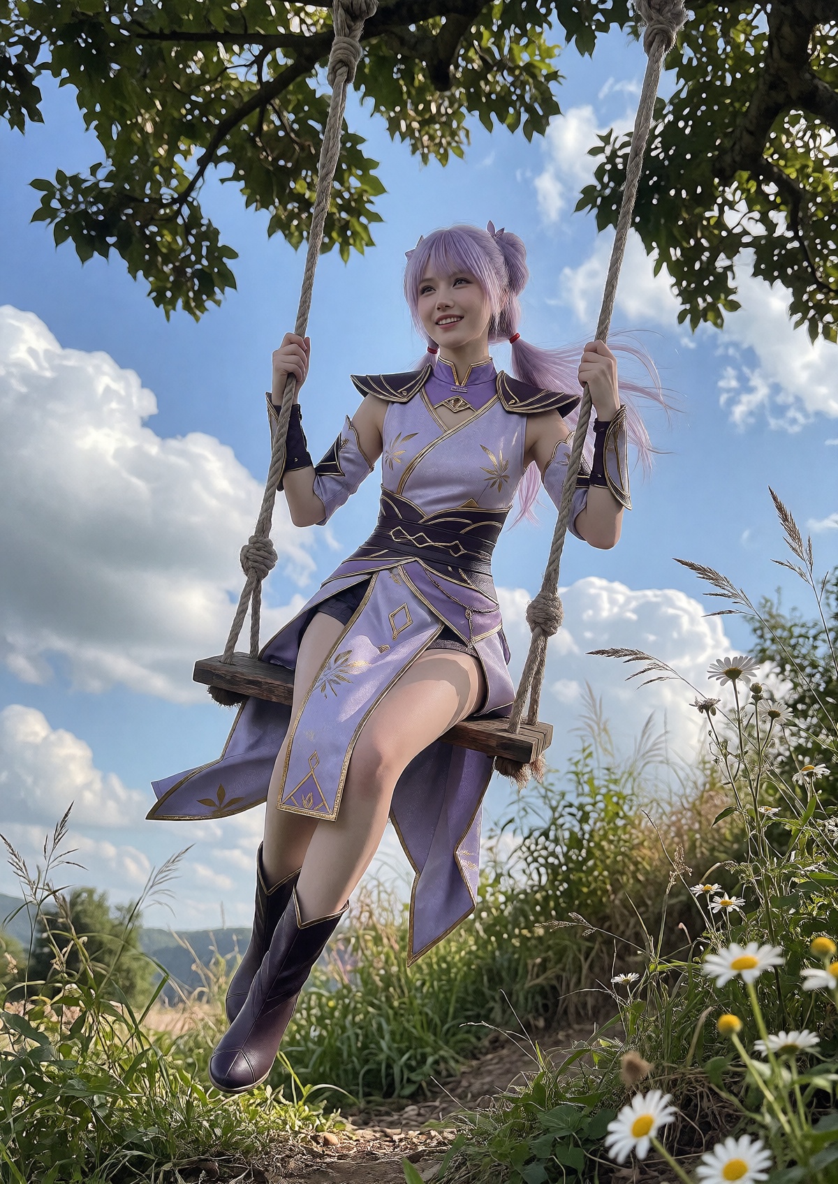 A regal queen wears light lavender and dark purple sleeveless traditional fantasy warrior attire with gold floral accents,...
