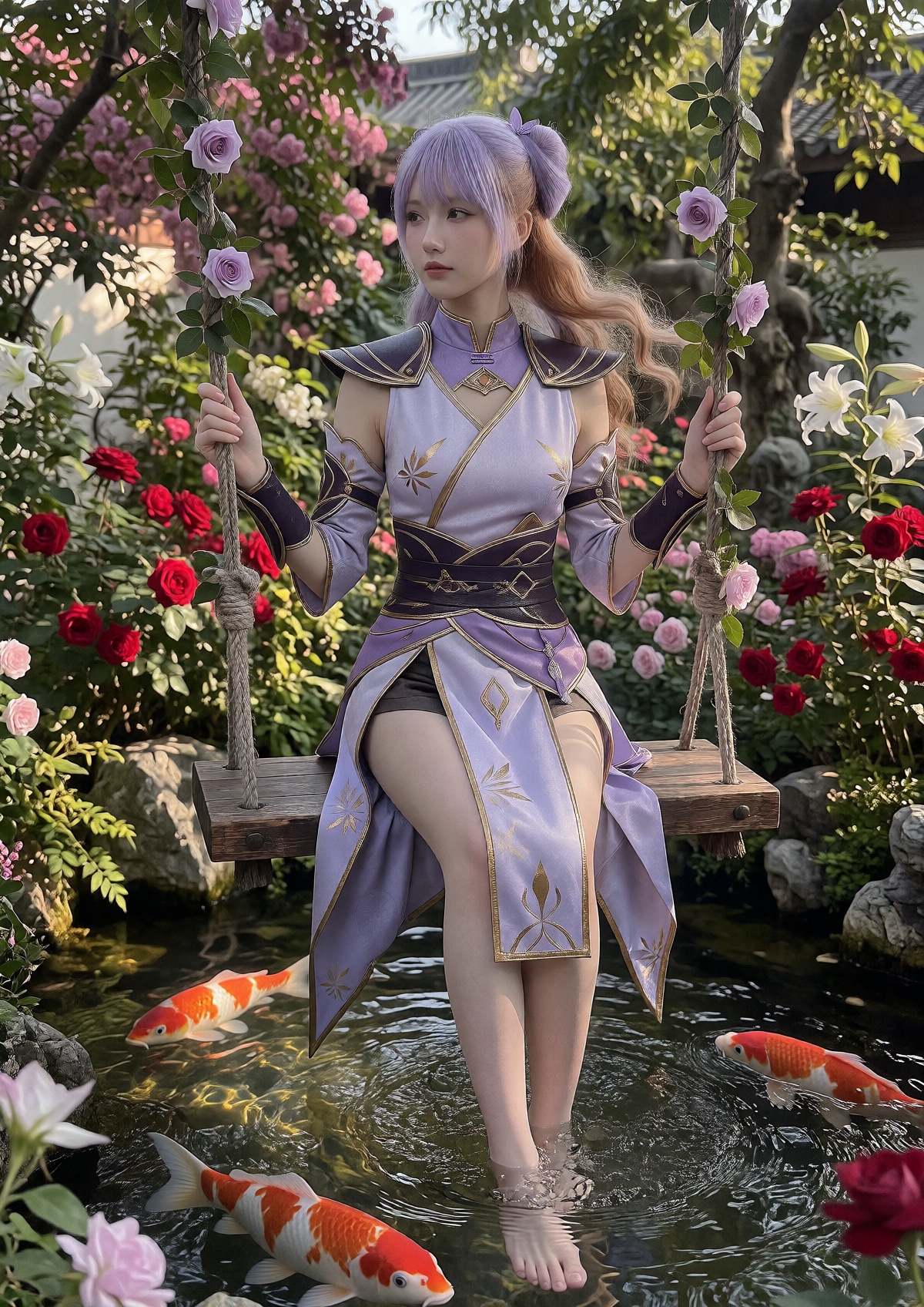 A regal queen wears light lavender and dark purple sleeveless traditional fantasy warrior attire with gold floral accents,...