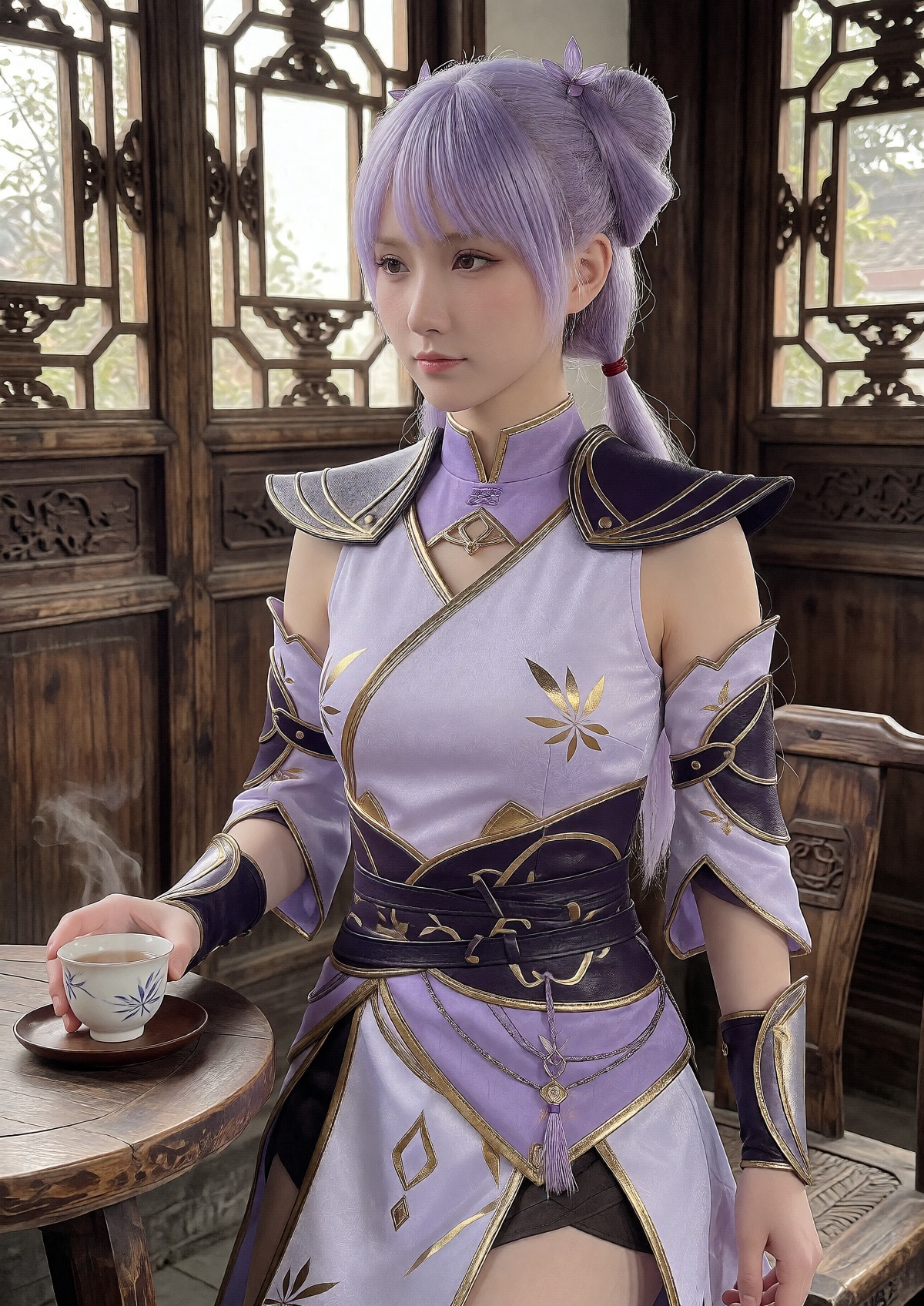 A regal queen wears light lavender and dark purple sleeveless traditional fantasy warrior attire with gold floral accents,...