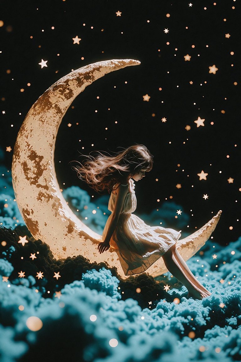 Illustration depicting a fabulous night scene. In the center of the composition,  on a large horizontal crescent moon,  si...