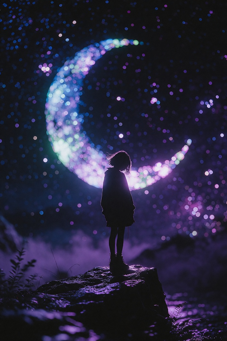 a solitary figure stands atop a rocky outcrop,  silhouetted against a backdrop of a starry night sky. the sky is illuminat...